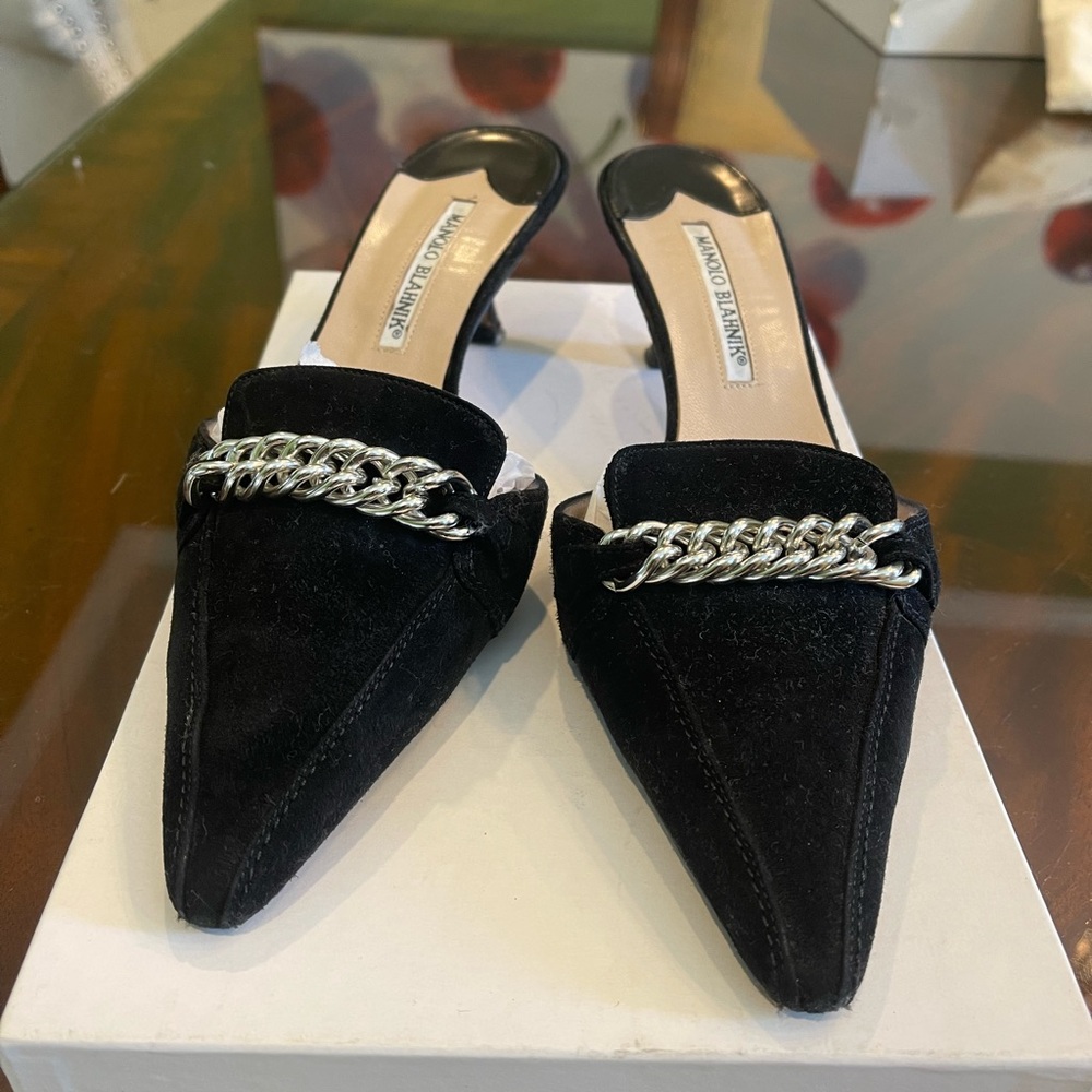Manolo Blahnik Black Suede Chain-link